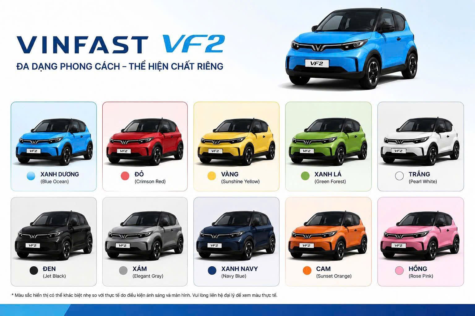 Tùy chọn màu sắc trẻ trung của xe VinFast VF 2 kết hợp kiểu dáng khối hộp bo tròn giúp chiếc xe luôn năng động và bắt mắt.